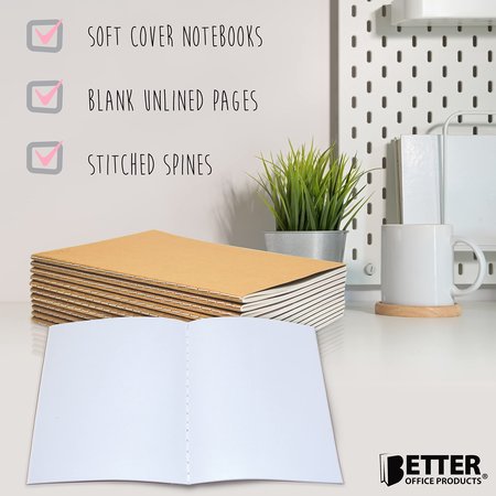 Better Office Products Kraft Notebooks, Blank Unlined, 8.3in. x 5.5in. A5 Size, 60 White Pages, 80 GSM, Soft Cover, 24PK 25022